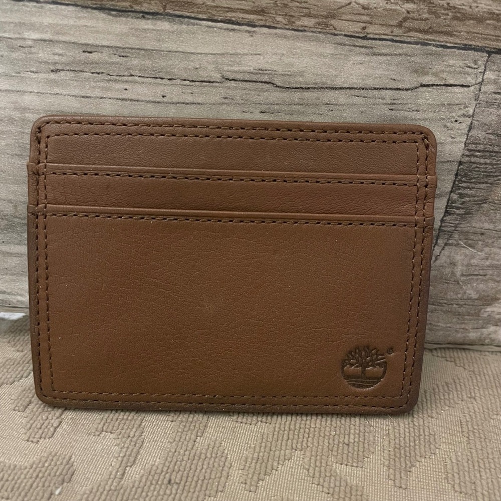 Timberland Mens Brown Leather Slim Card Case Wallet with ID Window Logo